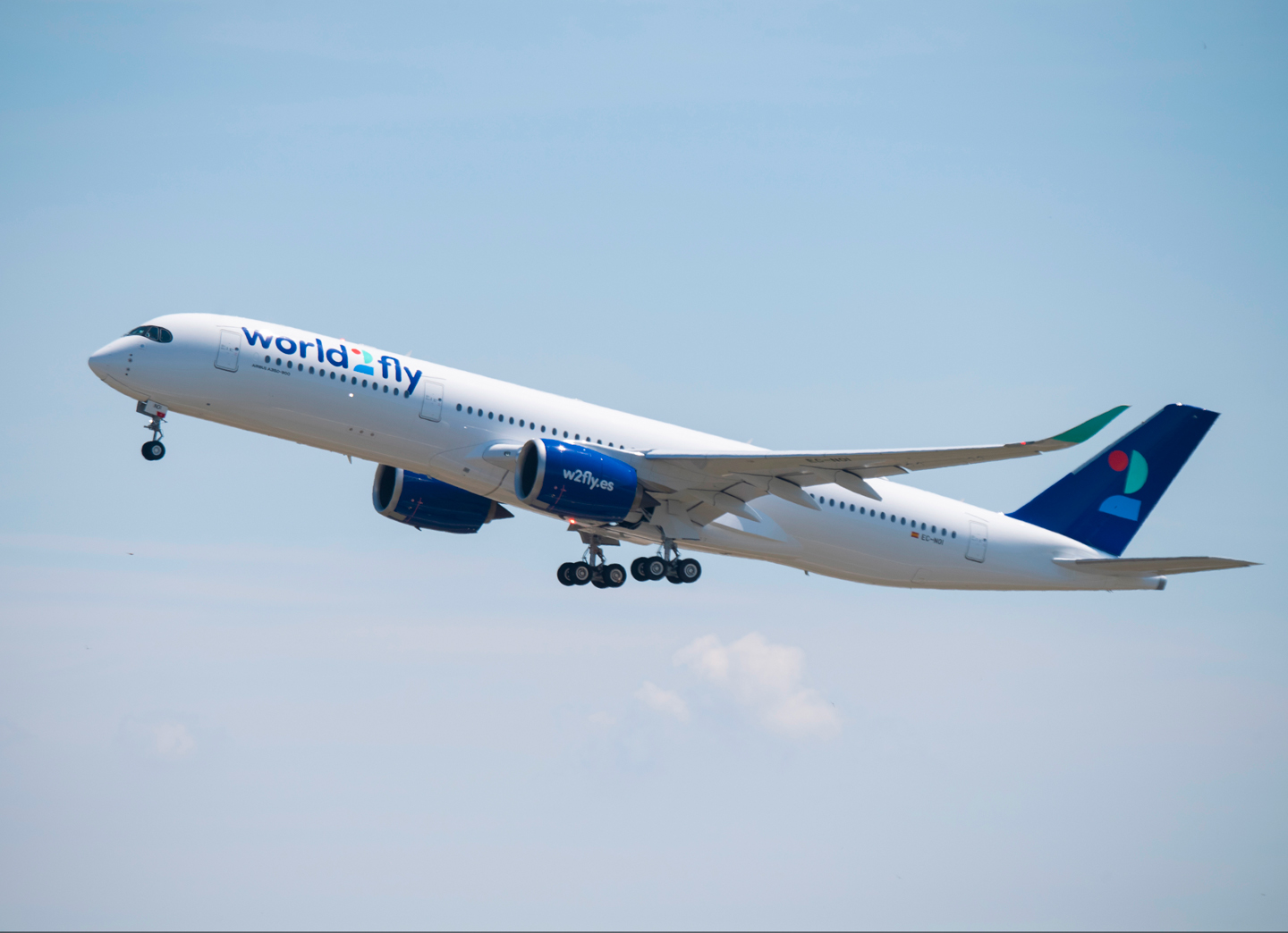 A World 2 Fly Airbus A350 climbing after takeoff