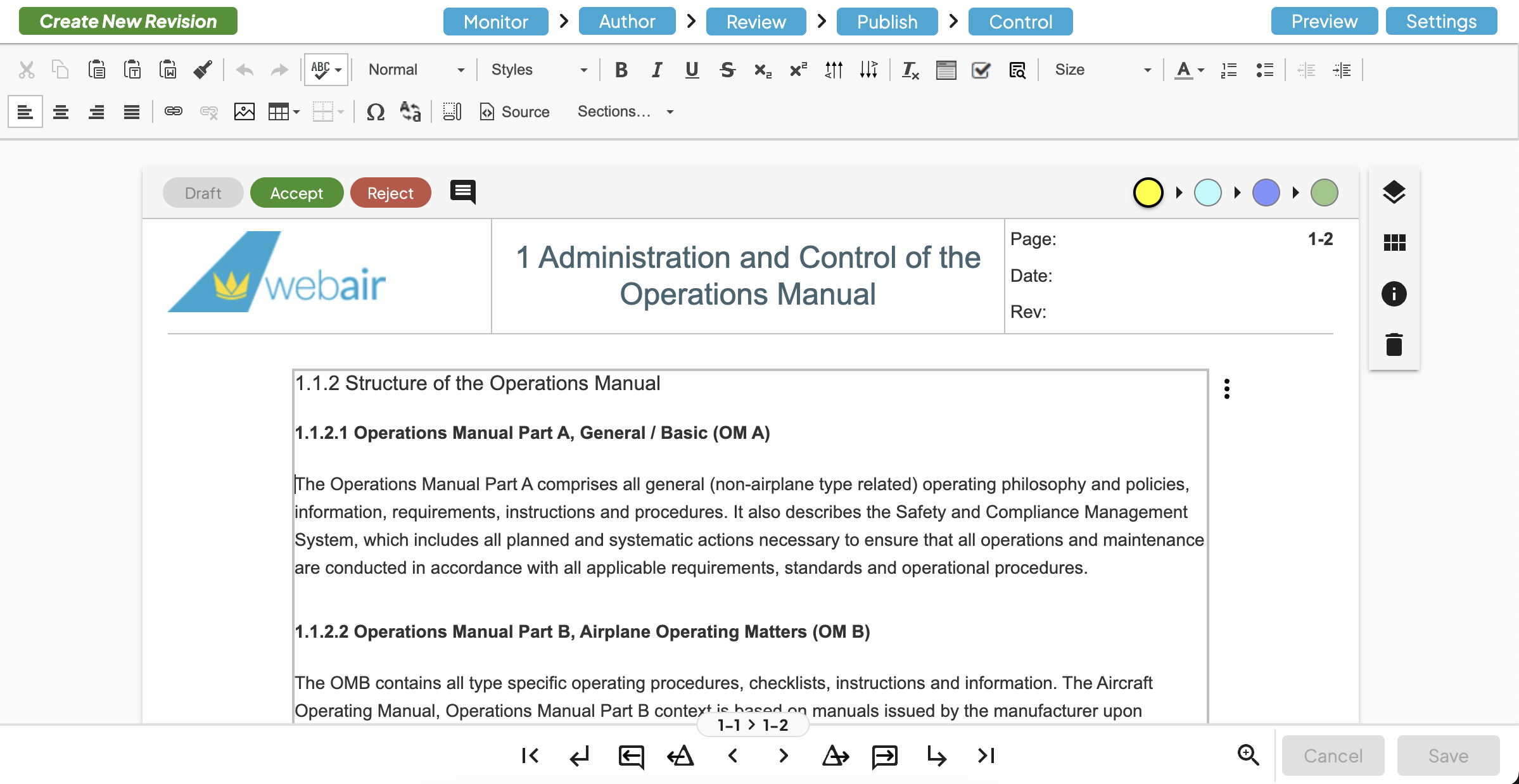 The Web Manuals editor with an operations manual open, a draft revision marked for accept or reject, and the review toolbar above it