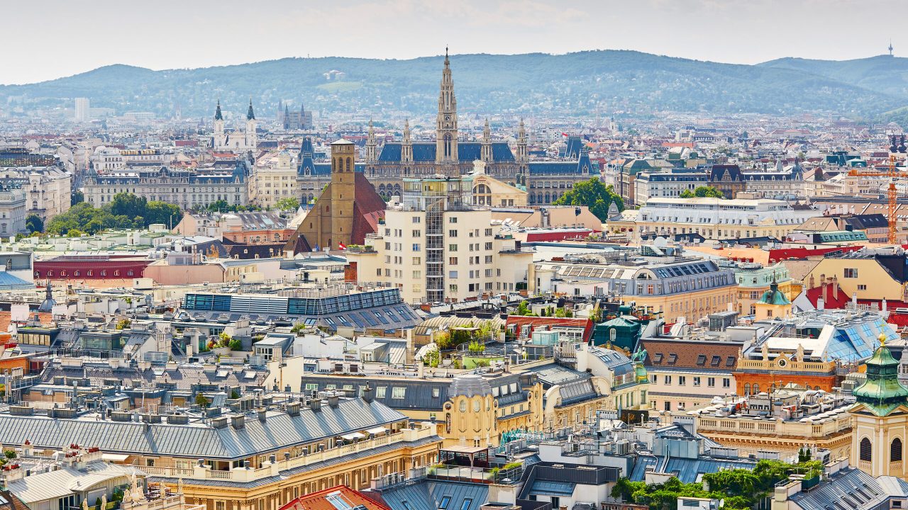 Aerial scenic view of city center of Vienna seen from St. Stephen's Cathedral in Austria